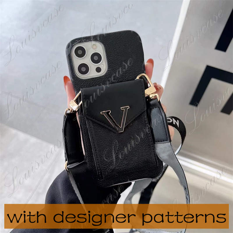 

Designer luxury leather cell Phone Cases For iPhone 14pro 14 13 13Promax 12 11promax 11 12pro phone shell 13pro card holder bag with lanyard, Black flowers