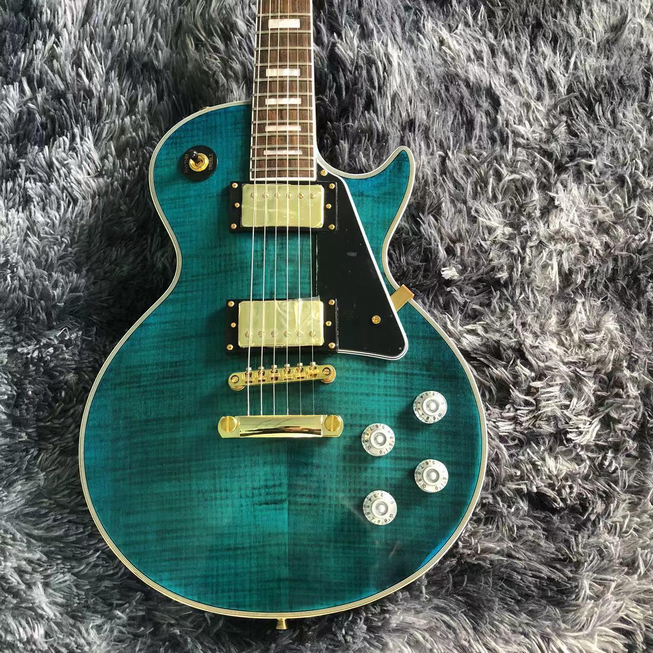 High Quality LP Electric Guitar Body Mahogany A Flame Maple Top Fingerboard Rosewood Hardware Gold Plated Color Green