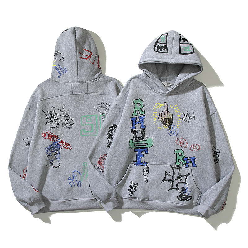 Grey Sweatshirts Graffiti Printed Hoodies Men Women High Quality Pullover Print Hoode Hip Hop Pullovers 22FW
