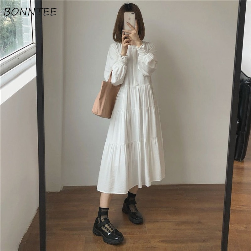 

Long Sleeve Dress Women Vintage French Style Lovely Elegant Patchwork Empire A line Vestidos All match Autumn College Cozy Ins 220721, White