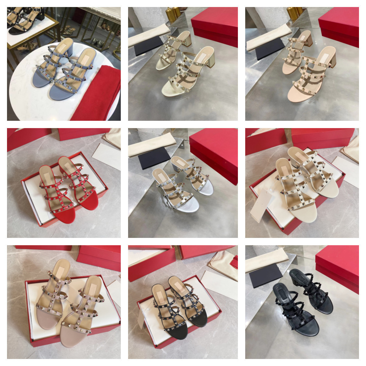 

Designers Slippers pool slides women rivets Sandals chunky Heels Classic slipper rivet thick heel high-heeled shoes for womens sandals beach shoe dress wedding, Other color;contact me