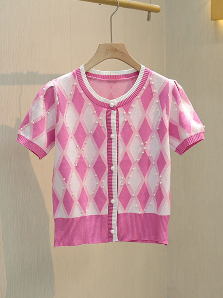 

New Summer Knitted Sweater Women Short Sleeve Beaded Thin Slim Jumpers Plaid Sweater Crop Top Femme Knitwear 2022, Pink