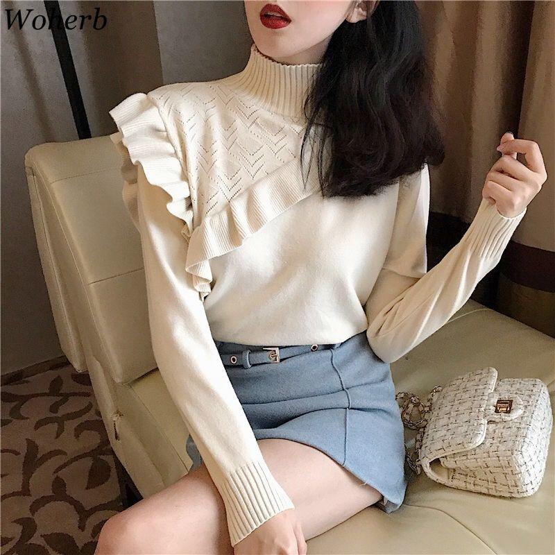 

Women's Sweaters Woherb Elegant Ruffle Sweater Women Korean Fashion Turtleneck Pullover Office Casual Knit Jumper Sexy Hollow Out Bodycon, White;black