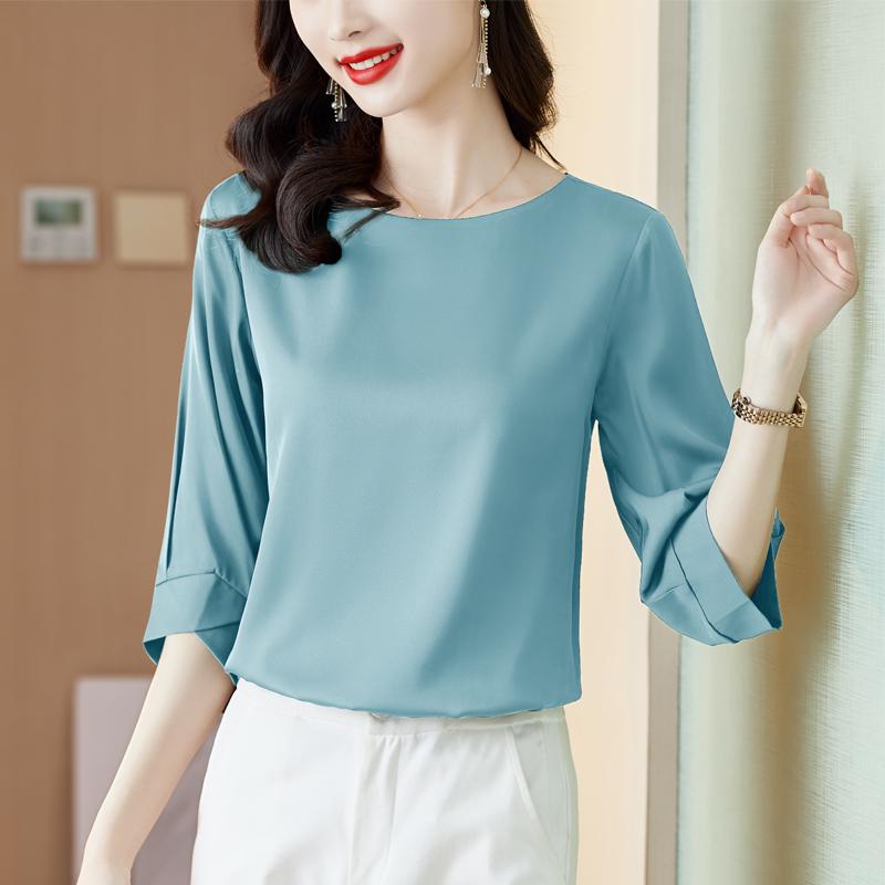

Women's Blouses & Shirts Summer Autumn Fashion Solid Color Three-quarter Sleeve Satin Blouse Loose Mulberry Silk Top Acetate Shirt WomenWome, Blue