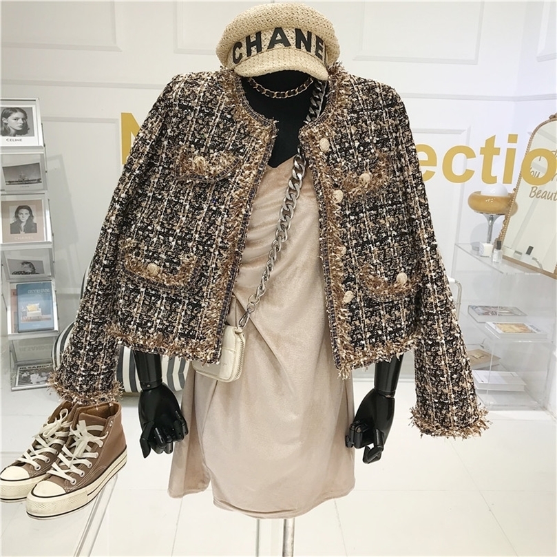 Arrivée piste haute qualité dames Tweed veste courte femmes automne élégant femme mode gland haut de taille slim manteau 220817