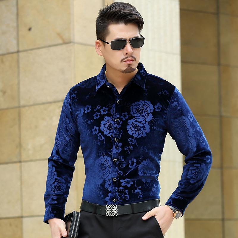 

Men' Casual Shirts High Quality Autumn & Spring Mens Floral Velvet Shirt Long Sleeve Male Gold Dress ShirtsMen, Black