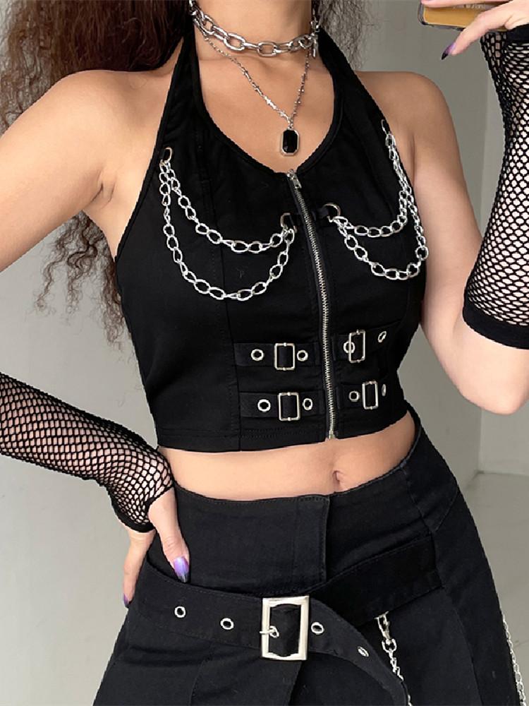 

Women' Tanks & Camis Women Halter Neck Vest Zipper Sexy Backless Metal Chain Decor Summer Gothic Style Slim Wild Matching Navel Tank TopsWo, Black