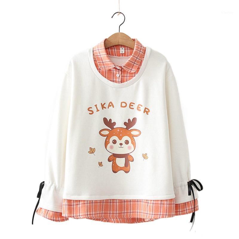 

Mori Girl Style Cartoon Deer Print Fleece Fake 2 Piece Turn-down Collar Check Pattern Plus Velvet Sweatshirts Women 2011356 Women's Hoodies, Sky blue