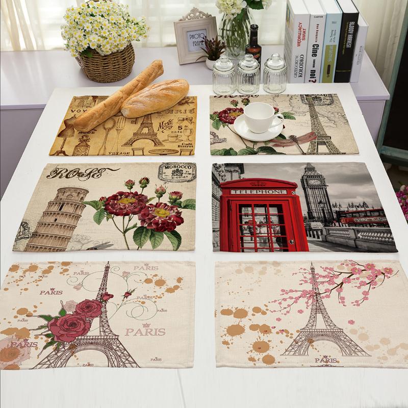 

Mats & Pads Romantic French Architectural Printed Coasters Table Mat Paris Tower Pisa Leaning Pattern Placemat Telephone Booth Red