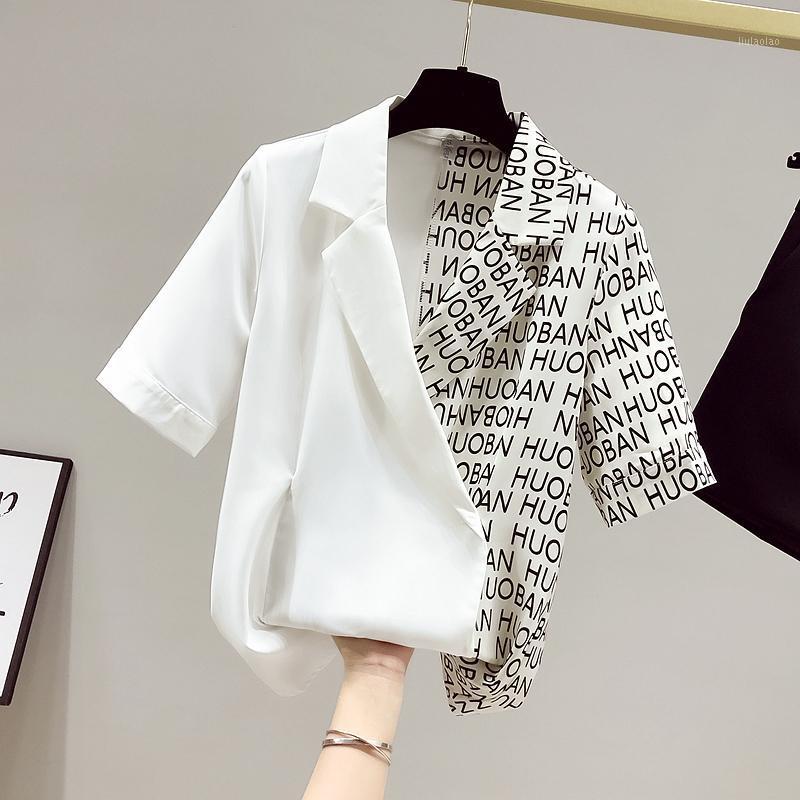 

Women' Blouses & Shirts Fashion Europe Style Summer Elegant Women Short Sleeves Letter Patchwork OL Shirt Tops Blouse Female Clothing, Black