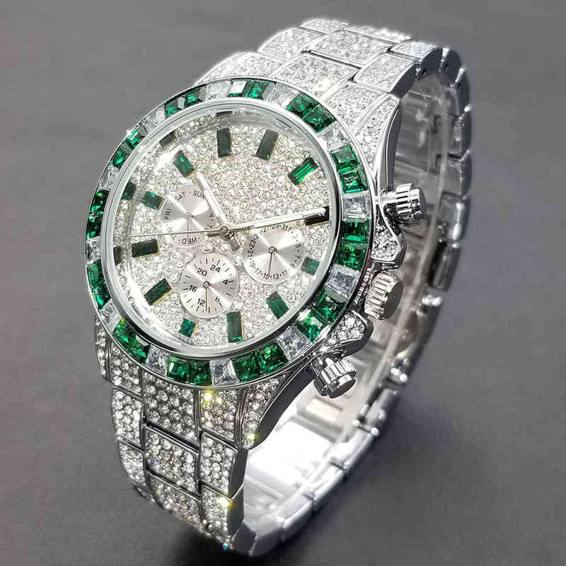 

Ice Out Wristwatch For Men Green Diamond Calendar Quartz Hip Hop Fashion Waterproof Man Clock 2022 New Rhinestone Watches Luxury Designe, V298 silver blue