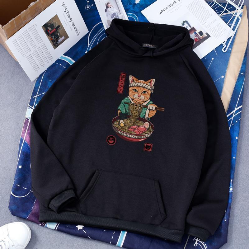 

Winter Cat Noodle Cartoon Print Sweatshirt Harajuku Simple Chic Kawaii Vintage Fashion Ulzzang Women Hooded Pullover Women' Hoodies & Sweat, Black
