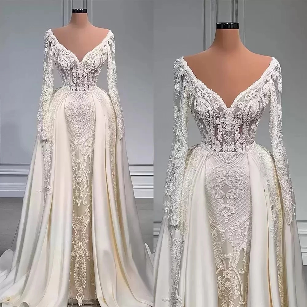 

Modest Full Lace Mermaid Wedding Dresses With Detachable Satin Full Skirt Sexy V Neck Illusion Long Sleeve Appliqued Long Bridal Gowns Vestidos, Ivory