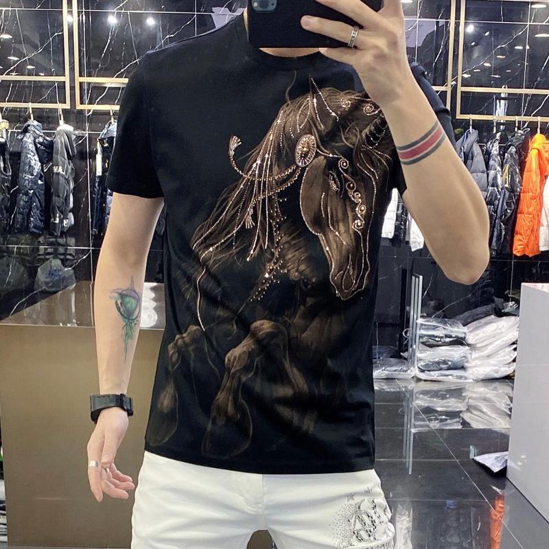 

Men's T-Shirts Summer Fashion Breathable Rhinestones Animal Print O-neck Short Sleeve T-shirt Men Personalized Diamond Pullover Tshirt Base, Black coffee pattern