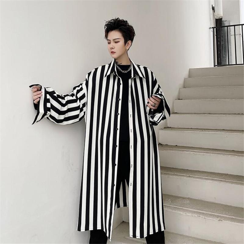 

Men's Casual Shirts Oversized Striped Shirt Men's Spring Summer Fashion Long Women Harajuku Blouse Chemise HommeMen's, Black