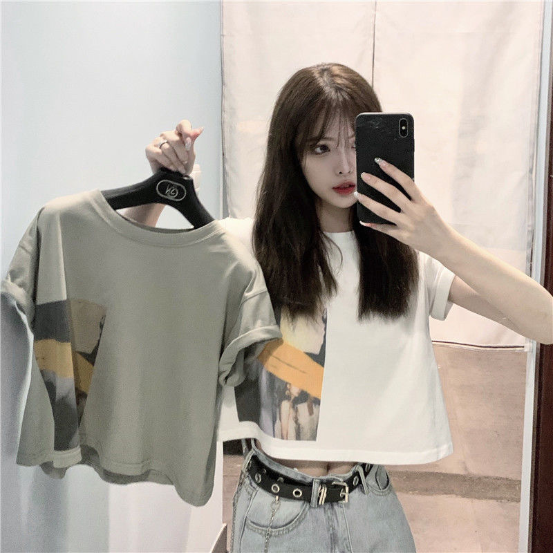 

UNLIMON Women Tshirt Casual Short Sleeve Crop Top Round Neck T-Shirts, Gray