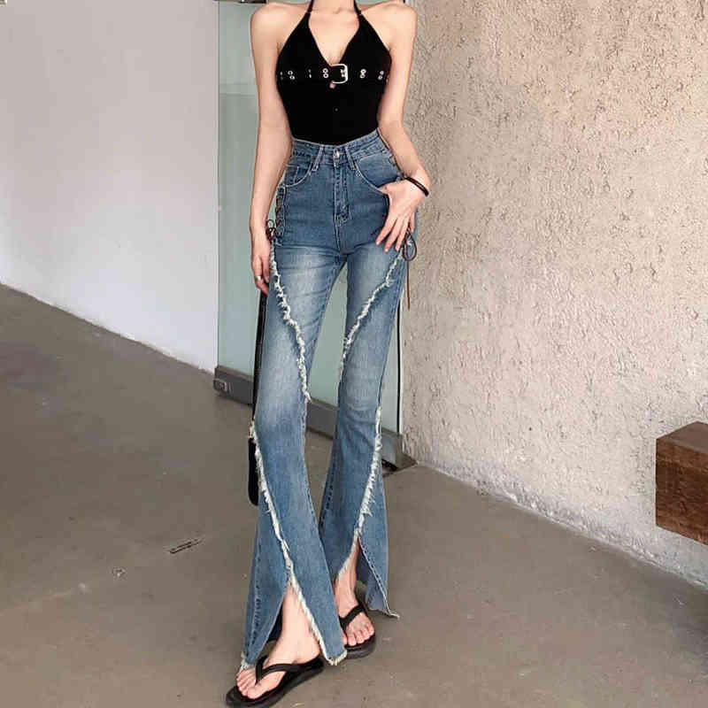

Fashion Chic Bandage Tassel Women' Jeans Summer Hot Girl High Waist Slit Denim Long Pants Elastic Hip Lift Slim Street Trousers T220728, Blue
