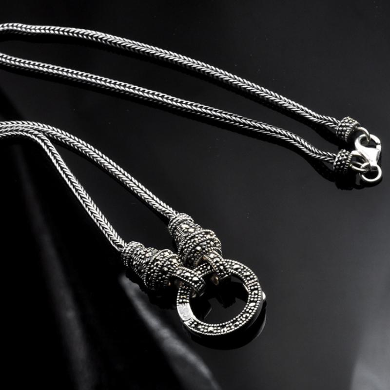 

Chains Real Silver Long Chain Retro Necklace Women S925 Sterling Marcasite Stone Pendant Thai JewelryChains