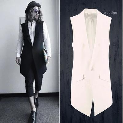 

Wholesale- -XXXL Casual Long Vests For Men Sleeveless Jacket Waistcoat High Quality Men' Slim Fit Vest Outerwear Gilet Uomo Black White