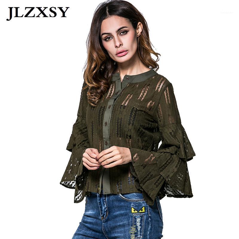 

Women's Blouses & Shirts JLZXSY 2022 Spring Hollow Lace Blouse Elegant Women Flare Sleeve Ruffles Autumn Office Ladies Casual Party Shirt To, Black