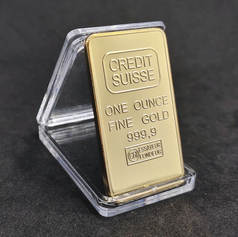 

CREDIT SUISSE Ingot 1oz Gold Plated Bullion Bar Craft Swiss Souvenir Coin Gift 50 X 28 Mm With Different Serial Laser Number