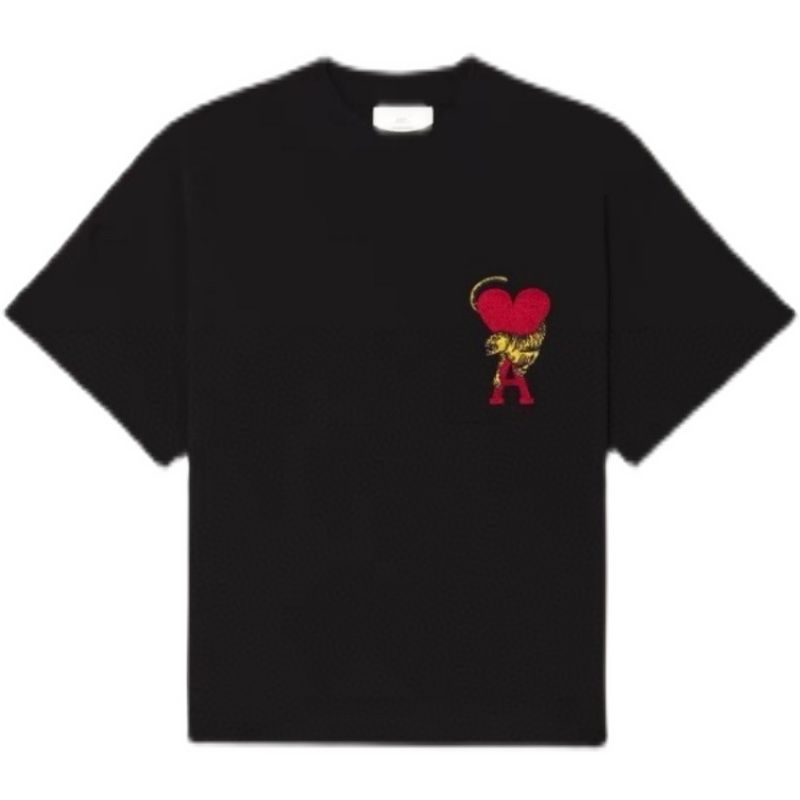 

22ss Limited Tiger Heart Embroidery Men's and Women Cotton Loose Round Neck Short-sleeved T-shirt, White