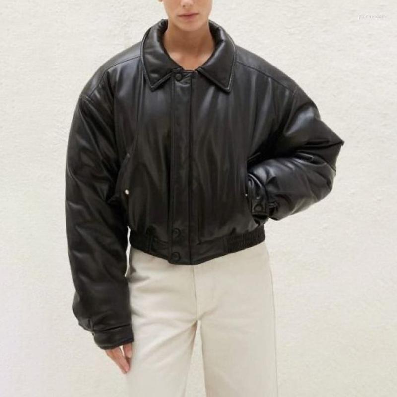 

Women's Down & Parkas Novalya Moto Biker Turn Collar Women Fashion Solid PU Leather Coats Elegant Short Cotton Jackets Female Ladies Guin22, Black