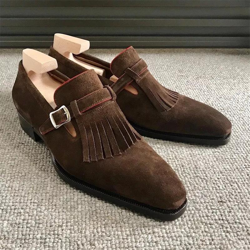 

Loafers Men Shoes Faux Suede Solid Color Classic Fashion Business Casual Wedding Pie Retro Fringe Monk Buckle Dress Shoes CP060, Clear