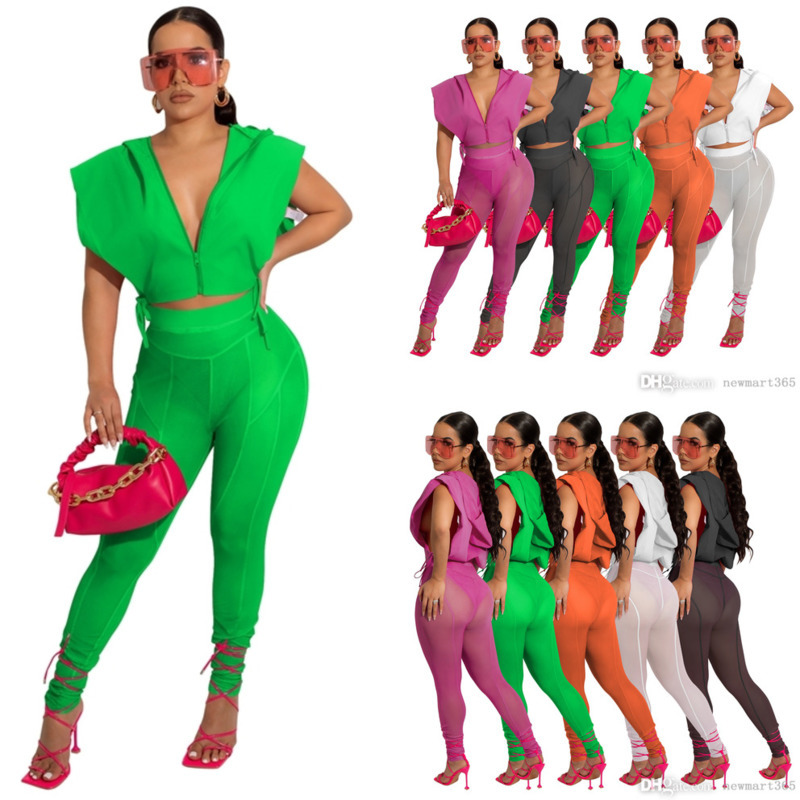 

Sexy Sheer Yoga Pants Womens Designer Tracksuits Summer New Casual Sexy Split Hoodies Top + Mesh Pants Two Piece Set, Orange