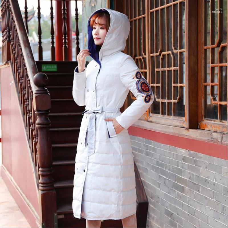 

Women' Down & Parkas White Duck Long Coats Female Vintage Style Embroidery Sashes Slim Jackets Winter Fashion Brand Outerwear Gx16551