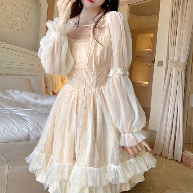 

Lolita Kawaii Dress Women Casual Long Sleeve Vintage Y2k Mini Female Japanese Style Korean Autumn 226014, Apricot