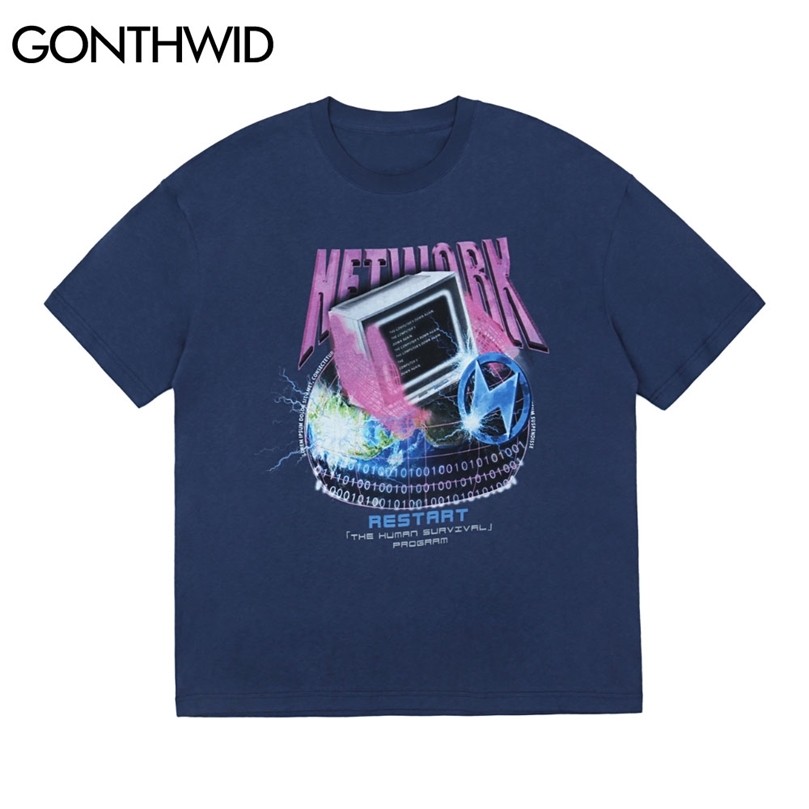 

GONTHWID Tees Tops Punk Rock Gothic Harajuku Hip Hop Men Lightning Earth TV Print Streetwear Cotton Casual Short Sleeve TShirts 220622, Black