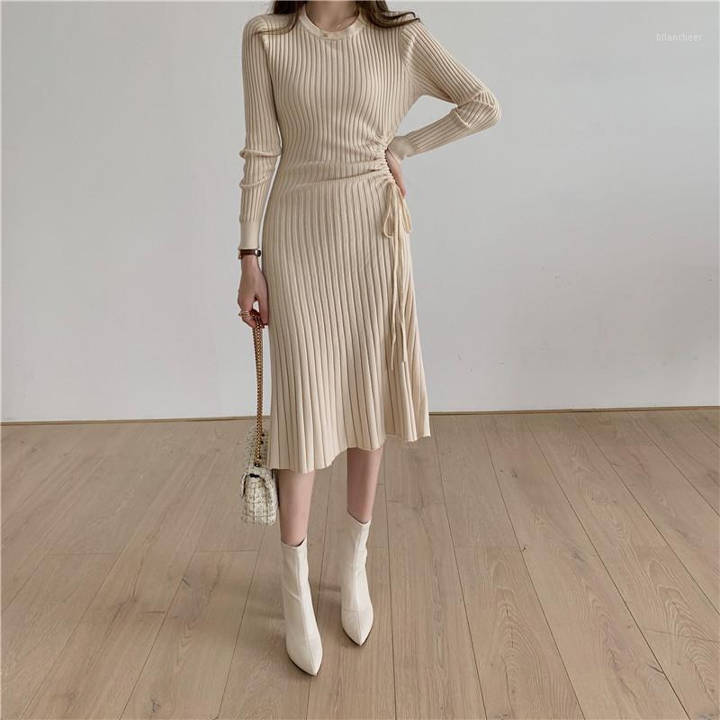 

Casual Dresses LUKAXSIKAX 2022 Autumn Winter Women Slim Sweater Base Dress Korean Fashion Drawstring Solid Color Knitted, Black