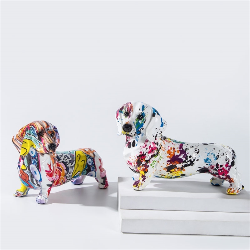 

Creative Colorful Wolfdog Dachshund Ornaments Home Entrance Wine Cabinet Decoration Office Desktop Resin Crafts 220421