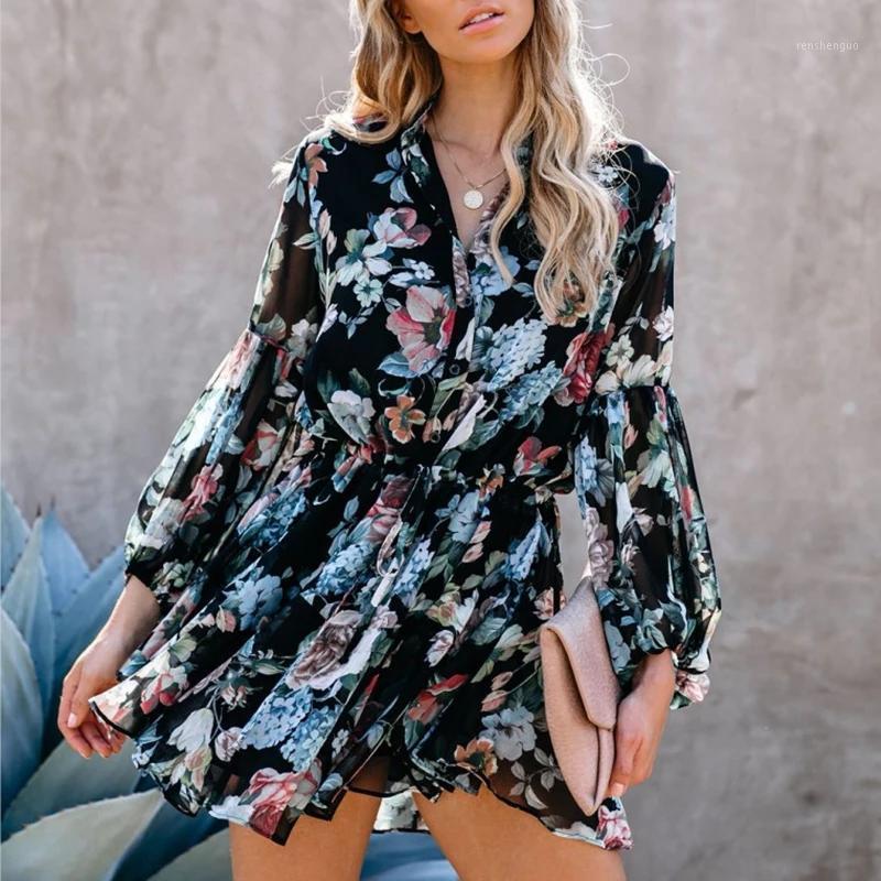 

Casual Dresses Women Ruffles Floral Printed Lace Up Waist Dress 2022 Autumn Lantern Sleeve Pleated Asymmetrical Buttons Sundress Short, Black