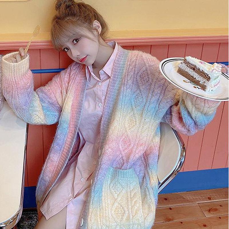 

Women's Sweaters Rainbow Knitted Cardigan Women Autumn Winter Sweet Kawaii Sweater Coat Female Long Korean Button Down Fall 2022 WomenWomen', Rainbow color