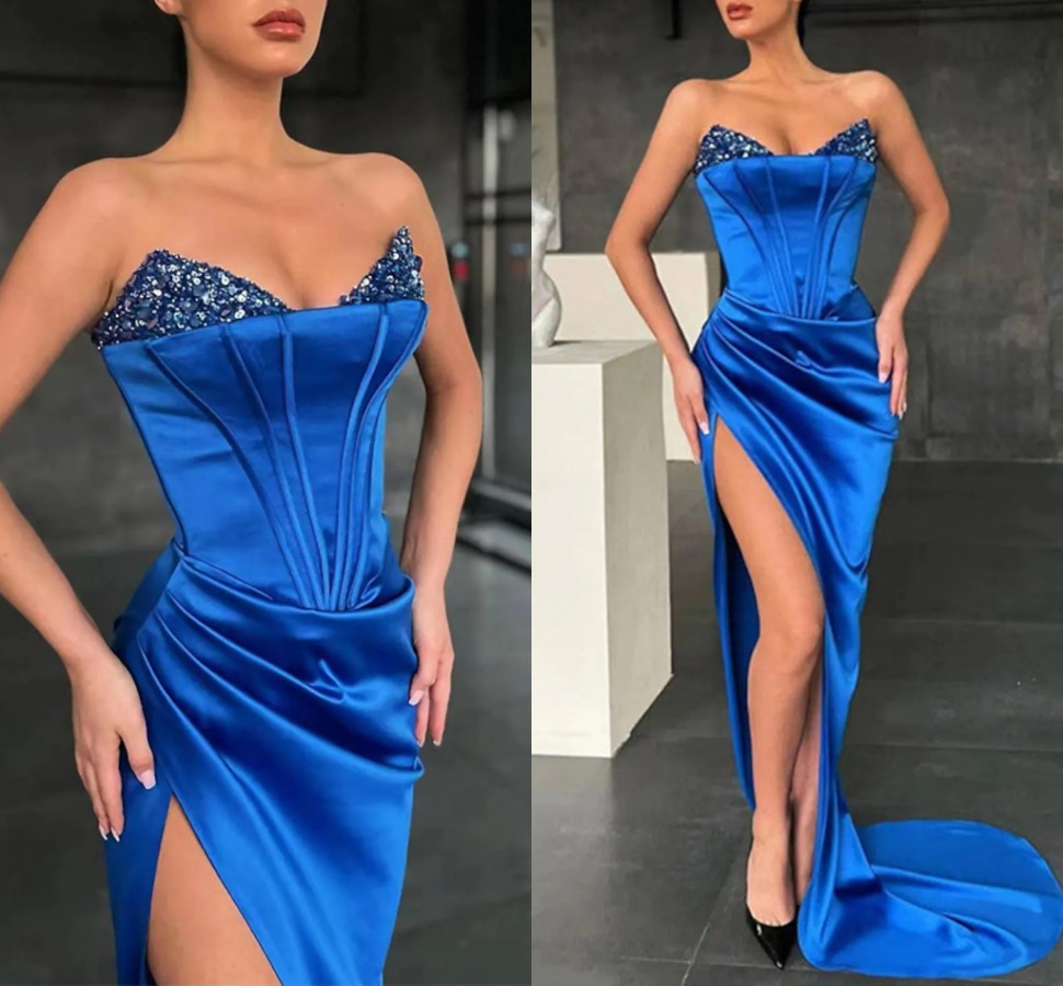 

Royal Blue Sparkle Long Evening Engagement Dresses V Neck Sleeveless Slit Satin Sequin Prom Party Gowns Robe De Soiree Vestido De Fiesta, Black