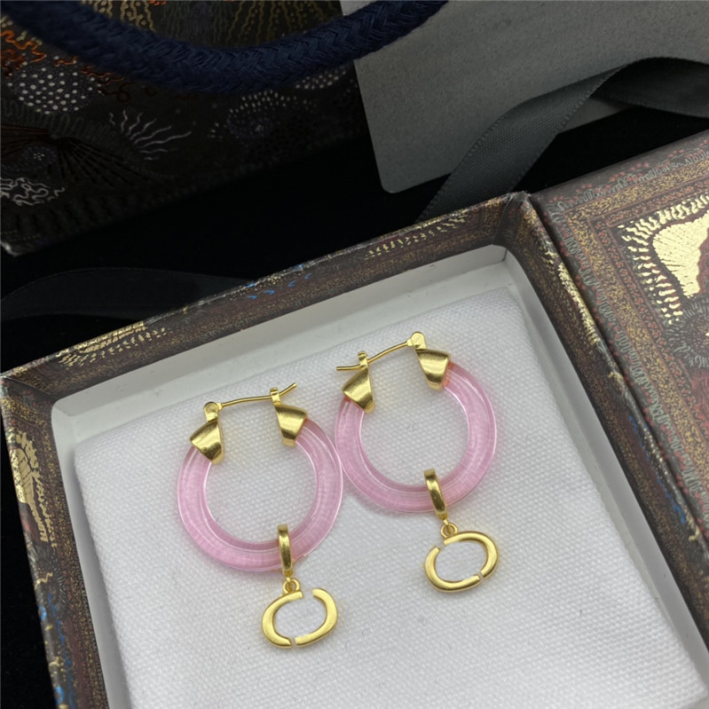 

Round Transparent Charm Earrings Women Lovely Pendant Studs Gold Metal Letter Eardrops With Box