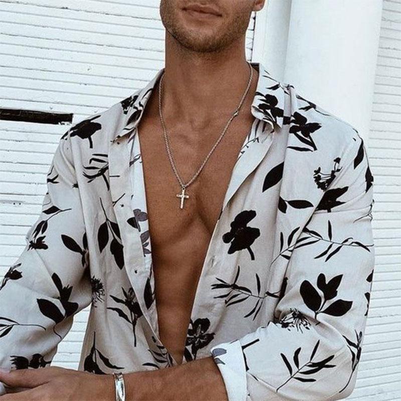 

Men' Casual Shirts Spring Ethnic Printed Shirt Men Hawaiian Button Long-sleeved Digital For Holiday Streetwear Vintage -2XLMen, Black