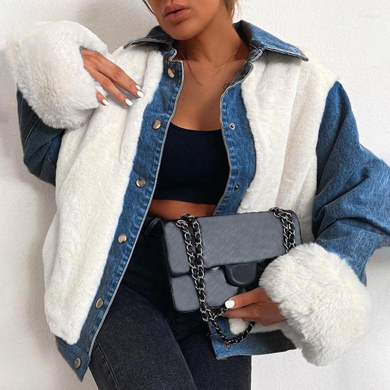 

Women' Jackets Plush Denim Jacket Winter Warm Loose Single Breasted Lapel Long Sleeve Casual Female Stitched Thicker #40, Black
