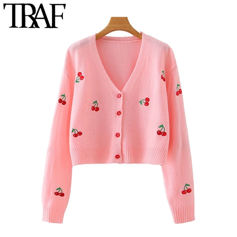 

TRAF Women Fashion Cherry Embroidery Cropped Knitted Cardigan Sweater Vintage Long Sleeve Female Outerwear Chic Tops 210204, As picture