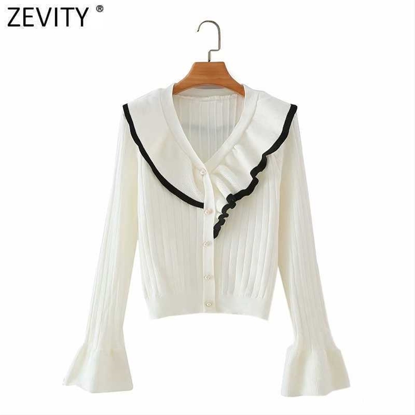 

Zevity Women Sweet Black White Patchwork Ruffles Cardigan Knitting Sweater Female Chic Flare Sleeve Casual Slim Tops S646 210603, Fxjc s646b