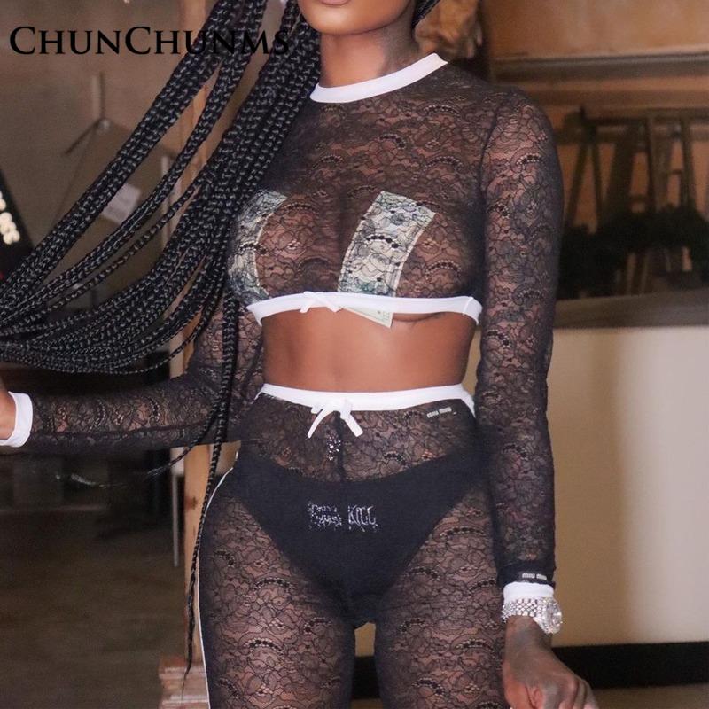 

Women' Tracksuits Summer Sexy Lace See Through Crop Top Short Legging Sport 2 Piece Women Set Contrast Long Sleeve T-shirt Mid Length Pant, Black