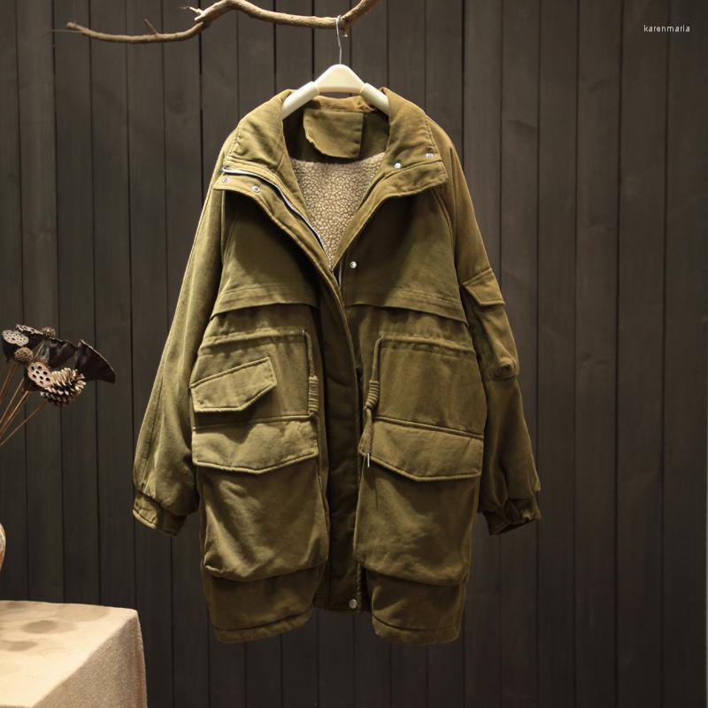 

Women's Down & Parkas Wool Liner Cotton Women Coats Solid Winter Zipper Thicken Warm Pocket Loose Vintage Female Outwear Tops Kare22, Black