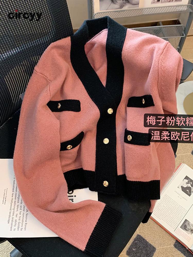 

Women's Knits & Tees Women Cardigan V-Neck Patchwork Sweater Korean Fashion Single Breasted Knitted Shirt Long Sleeve 2022 Sweet Female Coat, Pink