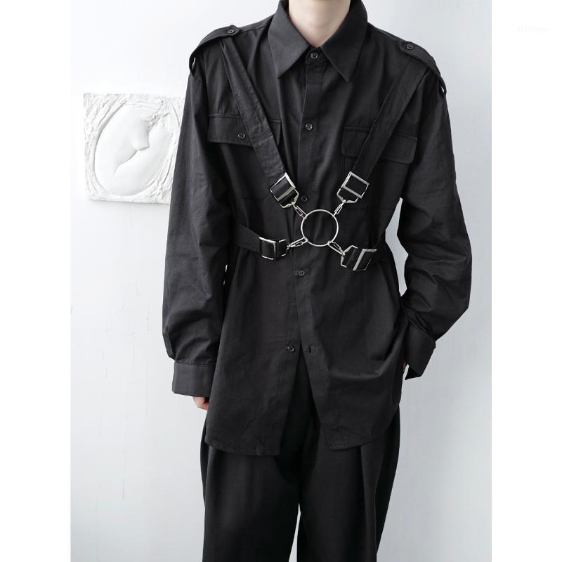 

High Quality Ribbon Shirt Cotton Casual Baggy Long Sleeve Shirts Men' Japan Blouse Tops Tees For Male INS Style Clothing, Black