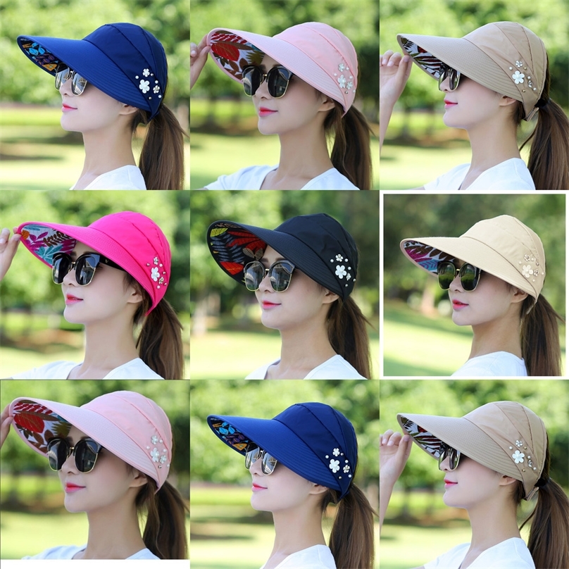 

Arrival UV Protection Women Summer Beach Hats Pearl Packable Sun Visor Hat With Big Heads Wide Brim Female Cap 220615, Beige