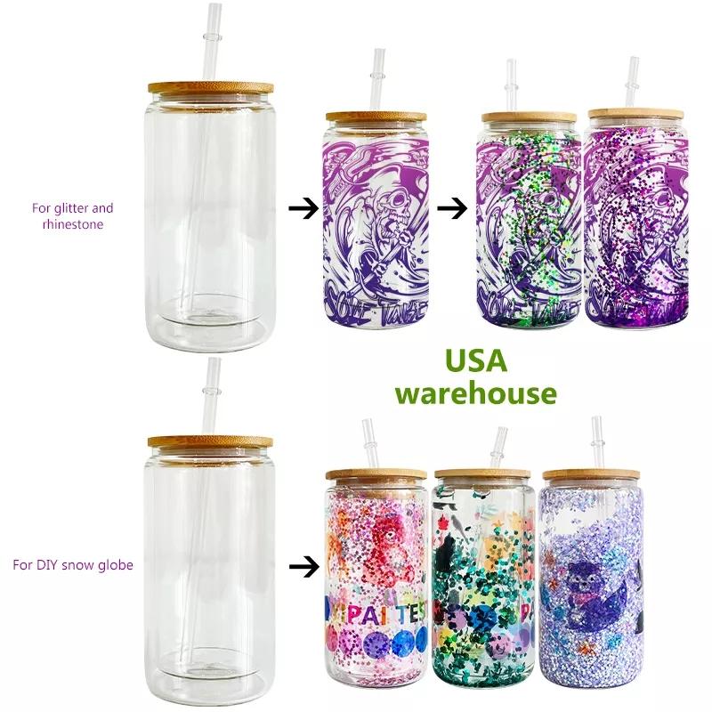 

US STOCK 12oz 16oz Sublimation Double Wall Snow Globe Glass Cup Blanks With Bamboo Lid Frosted Beer Can Tumbler Mason Jar Mug With Plastic Straw