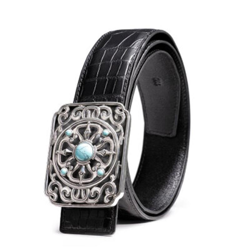 

Belts Menggeka Import Nile Crocodile Leather Male Belt S925 Sterling Silver National Style Smooth Buckle, Black