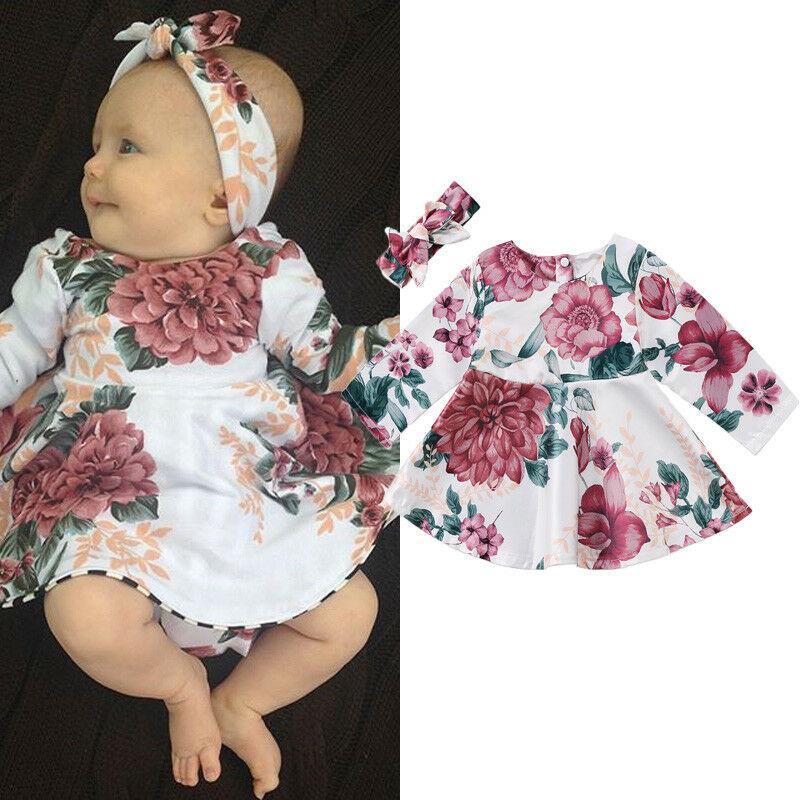 

Girl's Dresses Born Infant Baby Girls Dress Floral Kids Long Sleeve Headband 2pcs Outfits Set Clothes For 0-24 MonthGirl's, Beige